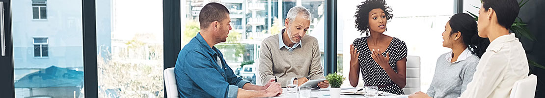 Business people having a discussion around a table in front of a large window.